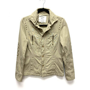 See Thru Soul Womens Green Studded Long Sleeve Button Front Military Jacket M